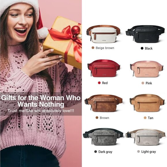 LATMAP 2L Fanny Pack, Faux Leather Waterproof Crossbody Waist Bag, Light-Pink - Picture 7 of 7